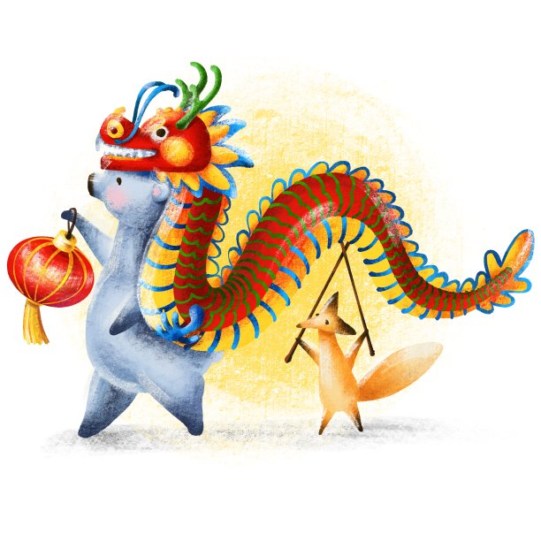 中国新年庆典-一只北极熊和一只小狐狸携带一条巨龙图片下载