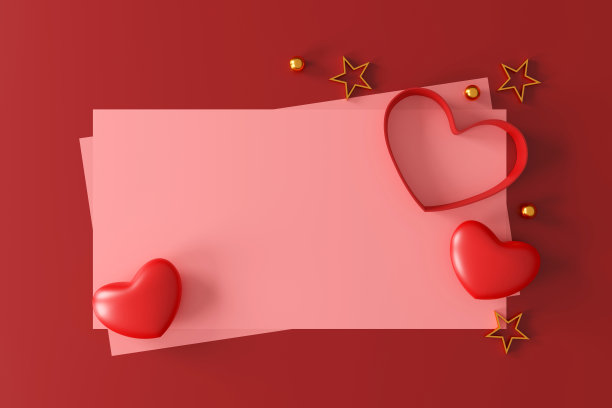 情人节快乐的背景。装饰节日物件、心形及银星、贺卡。假日旗帜设计。前视图。平的。三维演示图片下载