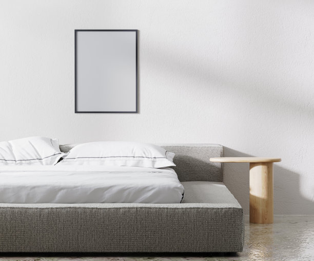 框架模型在卧室内部，极简主义风格，白墙，3d渲染图片下载