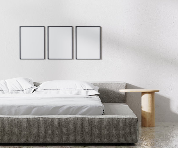 海报框架模拟在卧室内部，极简主义风格，白墙，3d渲染图片下载