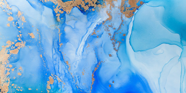 抽象的蓝色背景与金色颜料。酒精墨的技术。水彩绘画。图片下载