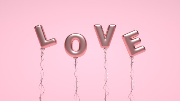 玫瑰金爱文本气球上粉红色- 3D插图图片下载