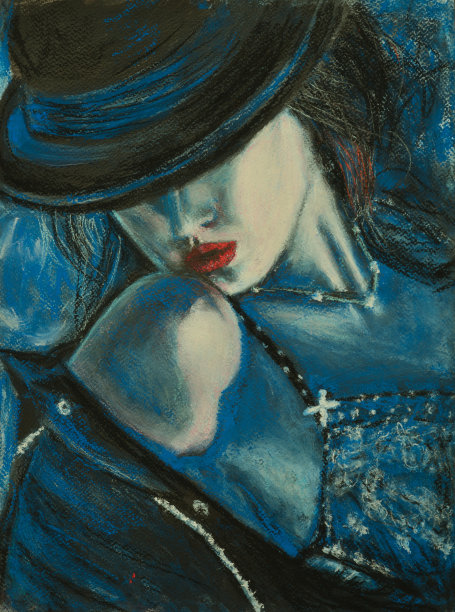 戴黑帽子的美女。时尚插画。在纸上画蜡笔图片下载