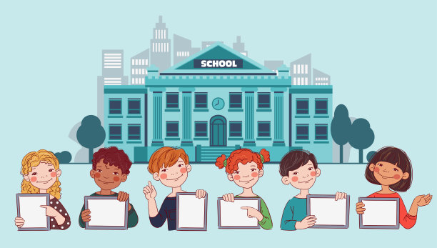 快乐的男孩女孩们展示着空白的平板电脑屏幕。可爱的孩子在用平板电脑。回到学校向量的概念图片下载