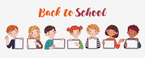 快乐的男孩女孩们展示着空白的平板电脑屏幕。可爱的孩子在用平板电脑。回到学校向量的概念图片下载