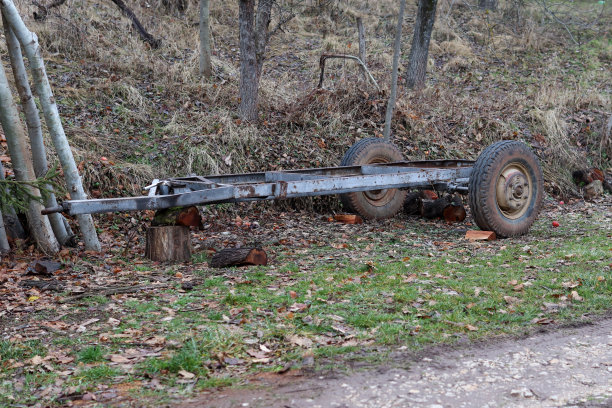 金属木材拖车停在森林附近的乡间小路上图片下载
