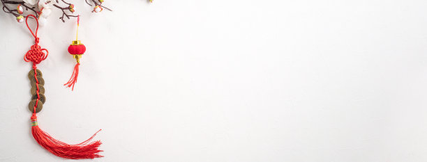 中国农历新年背景设计概念，以白梅花和节日装饰。图片下载