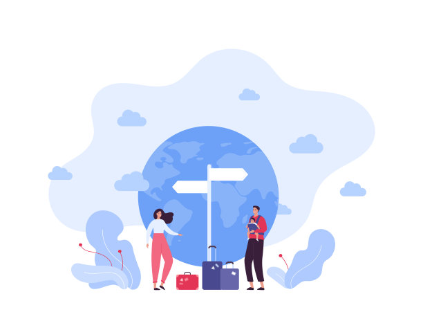 旅游与全球旅游概念。矢量平面人插图。一对父母在地球地球背景上用吊带抱着孩子。道路目标的信号。图片下载