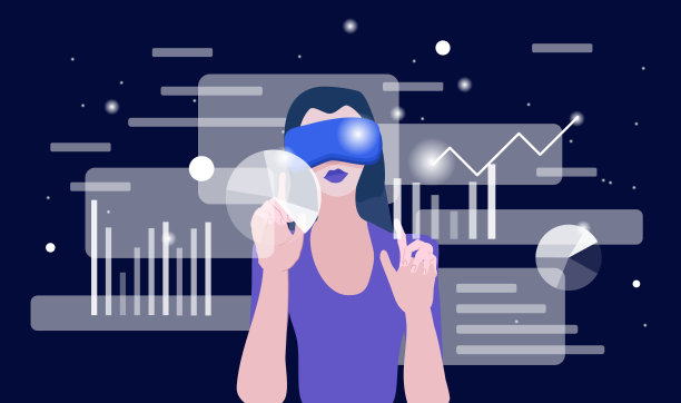 戴着VR头盔的女性探索数字接口和数据工作图片下载