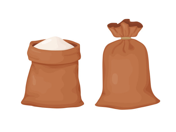 袋面粉。堆面粉。卡通风格的天然农业食品。图片下载