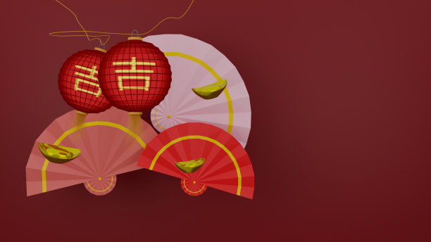 快乐的中国新年背景的折扇和中国灯笼与中国金块在红色的背景。三维渲染图片下载