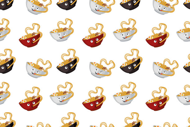 矢量拉面无缝图案模板，红色，黑色和白色碗，可爱的字符，盘子。图片下载