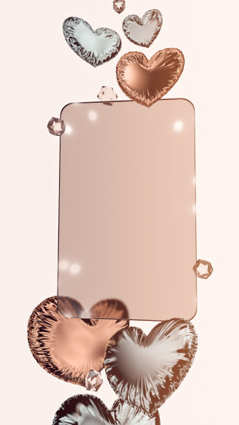 一个矩形的玻璃显示器和心形的充气箔气球在柔和的颜色放置在一个浅色的背景上。抽象的情人节简约模板。副本的空间。3 d渲染。图片下载