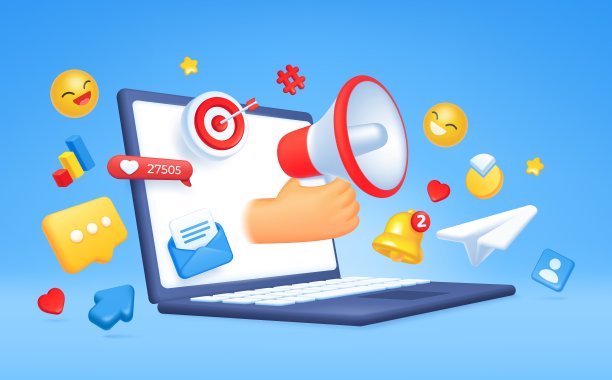 3d数字营销、社交媒体和在线传播概念。定向广告，网络商务推广矢量插图图片下载