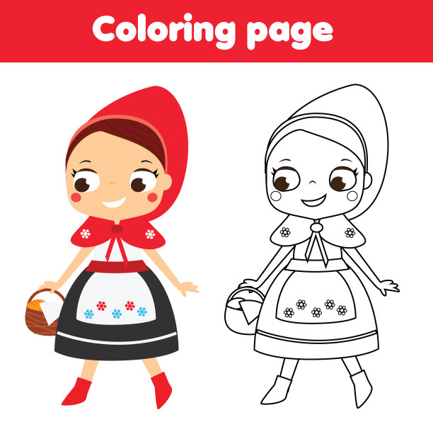 涂色页与卡通小红帽。吸引孩子们的活动。可打印的乐趣为幼儿和儿童图片下载