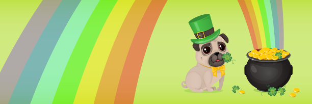 旗帜是用一只戴着妖精帽子的可爱哈巴狗和一罐金子做成的。圣帕特里克节贺卡。带着三叶草和彩虹的卡通狗。向量假日插图。图片下载