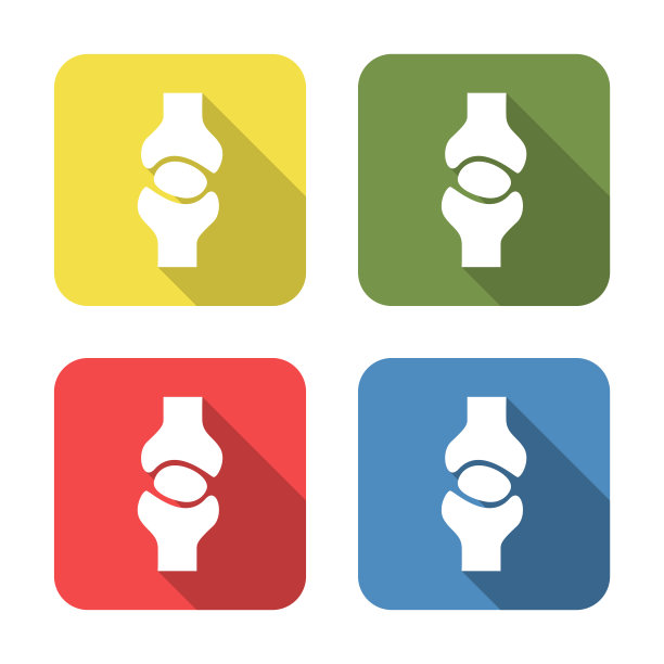 关节。隔离在绿色、黄色、蓝色和红色背景上的医疗图标。急救。保健、医疗、药房标志。方形按钮。图片下载