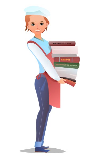 穿着工装裤的女厨师。厨房里穿着围裙的小女孩。开朗的人。站立姿势。漫画风格的平面设计。单个的字符。插图孤立在白色背景上。向量图片下载