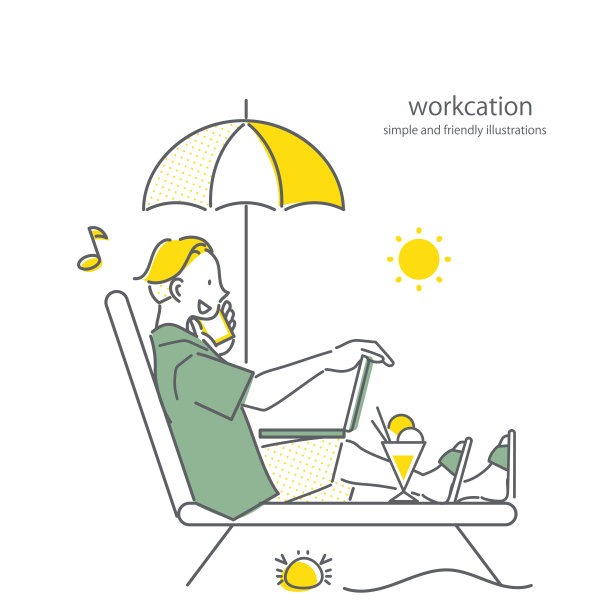 男人在海滩上工作，工作假期图片下载