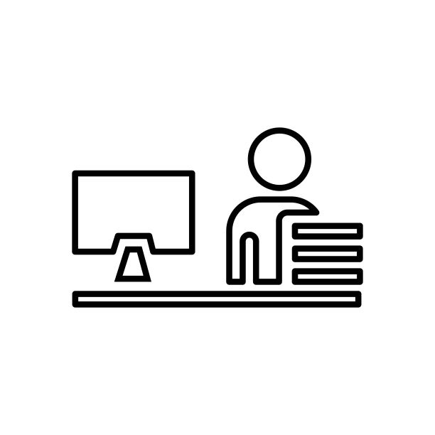 办公室工作人员黑色轮廓图标。计算机工作的概念。自由职业者。在笔记本电脑上远程工作。平面孤立符号，标志为插图，徽标，应用程序，横幅，网页设计，开发，ui, gui。向量EPS 10图片下载