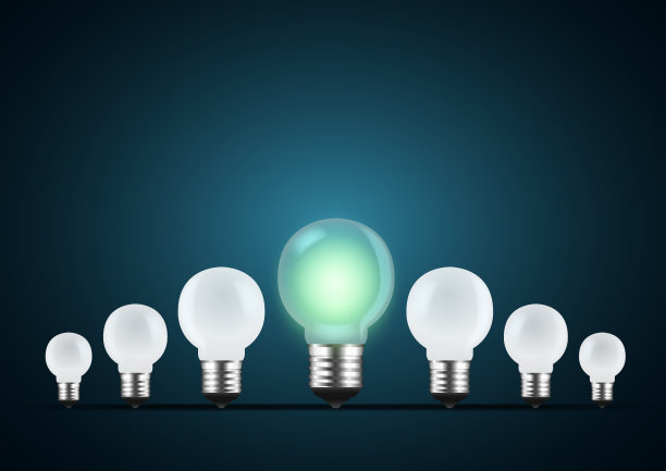 一个LED灯泡在黑暗中发出绿色的光芒。关于优秀的概念插图，选择。图片下载