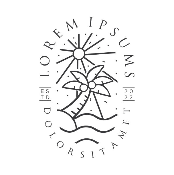 极简主义棕榈日落日出海滩设计线艺术图标矢量插图。热带岛屿上的海滩波浪，海滩线条艺术风格的椰子设计，平面灵感创意纹身图片下载