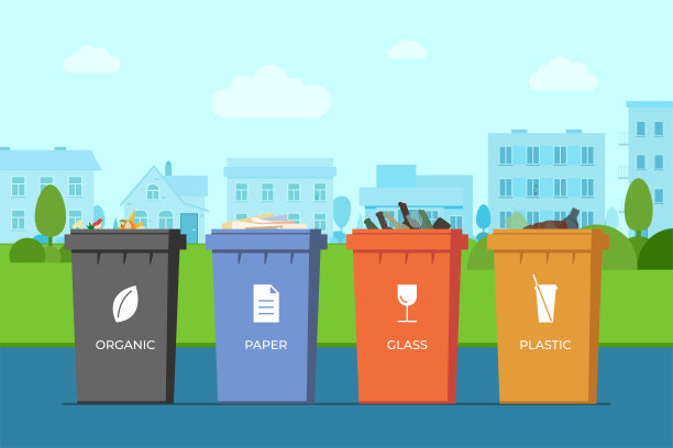 城镇公园里的垃圾分类容器。纸张、玻璃、塑料和有机垃圾五颜六色的垃圾桶在城市街道上回收。垃圾的垃圾箱。废物利用与生态节约的载体理念图片下载