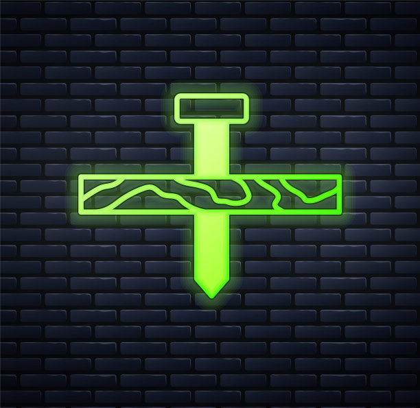 发光的霓虹灯金属钉和木板图标孤立在砖墙背景。向量图片下载