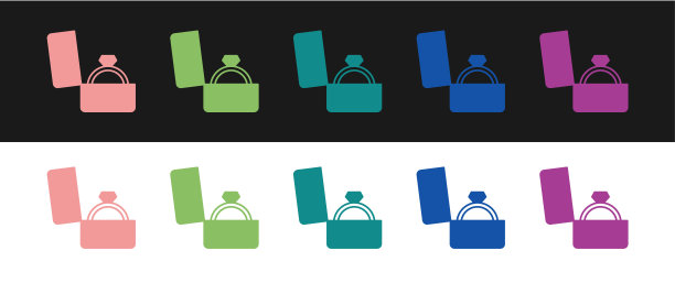 设置钻石订婚戒指在一个盒子图标孤立在黑白背景上。向量图片下载