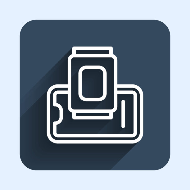 白线食品订购移动图标孤立与长阴影背景。手机订购。餐厅送餐理念。蓝色方块按钮。向量图片下载