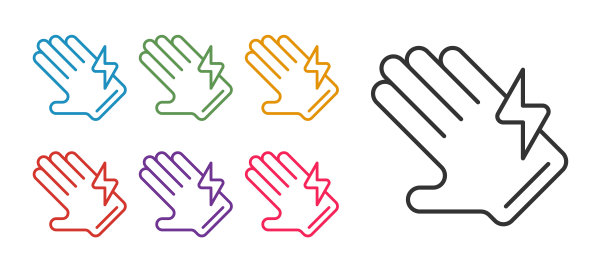 设置线电子手套图标孤立在白色背景上。安全手套，手部防护。设置图标丰富多彩。向量图片下载