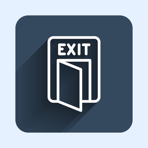 白线消防出口图标孤立与长阴影背景。火灾紧急图标。蓝色方块按钮。向量图片下载