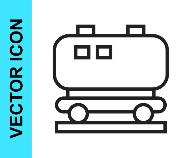 黑色线石油铁路水箱图标孤立在白色背景上。火车车厢上的油箱。铁路货运。石油工业。向量图片下载