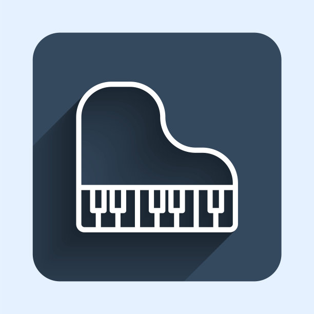 白线三角钢琴图标孤立与长阴影背景。乐器。蓝色方块按钮。向量图片下载