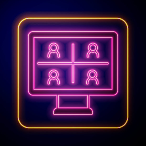 发光的霓虹灯视频聊天会议图标孤立在黑色背景。在线会议可以在家工作。远程项目管理。向量图片下载