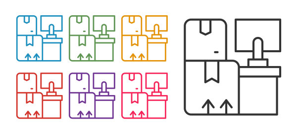 设置线仓库内部与机架上的盒子图标孤立在白色背景上。物流、货运、包裹寄存邮政服务。设置图标丰富多彩。向量图片下载