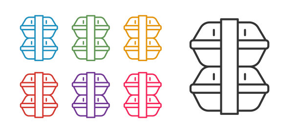 设置行午餐盒图标孤立在白色背景上。设置图标丰富多彩。向量图片下载