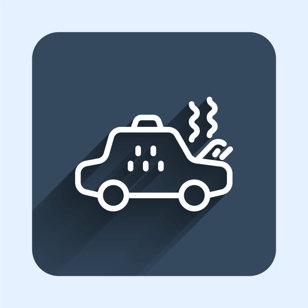 白线破碎的出租车图标孤立与长阴影背景。蓝色方块按钮。向量图片下载