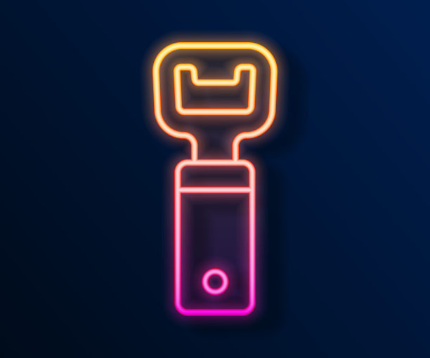 发光霓虹灯线开瓶器图标孤立在黑色背景。向量图片下载
