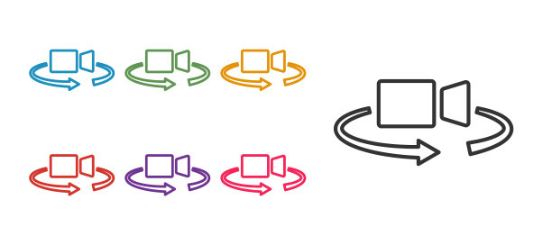 设置行360度视图图标孤立在白色背景上。虚拟现实。角度360度的相机。全景照片。设置图标丰富多彩。向量图片下载