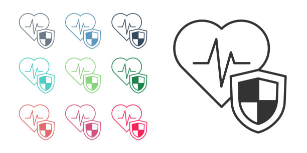 黑色人寿保险与盾图标孤立在白色背景上。安全，安全，保护，保护理念。设置图标丰富多彩。向量图片下载