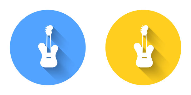 白色电子低音吉他图标孤立与长阴影背景。圆按钮。向量图片下载