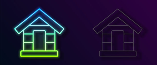 发光的霓虹灯线狗屋图标孤立在黑色背景上。狗窝。向量图片下载