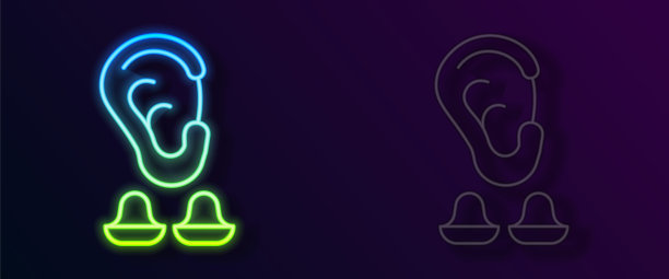 发光霓虹灯线耳塞和耳朵图标孤立在黑色背景。防噪耳塞的迹象。噪音的象征。睡眠质量的概念。向量图片下载