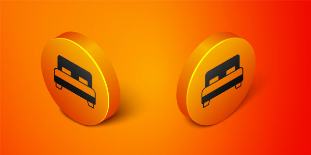 等距大床两个或一个人图标孤立在橙色背景。橙色圆按钮。向量图片下载