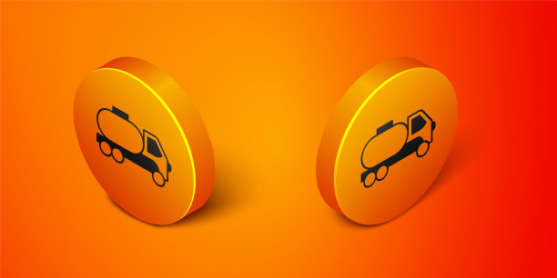 在橙色背景上孤立的等距油罐车图标。油罐车，汽油车，贮水池，油车。橙色圆按钮。向量图片下载