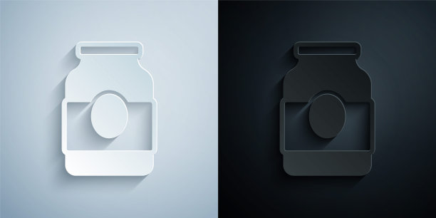 剪纸果酱罐图标孤立在灰色和黑色背景。纸艺术风格。向量图片下载