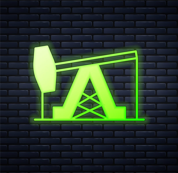 发光的霓虹灯油泵或泵插孔图标孤立在砖墙背景。石油钻塔。向量图片下载