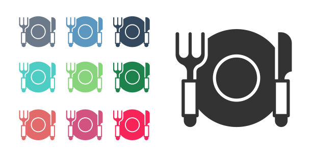 黑色盘子，叉和刀图标孤立在白色背景上。餐具的象征。餐厅的迹象。设置图标丰富多彩。向量图片下载