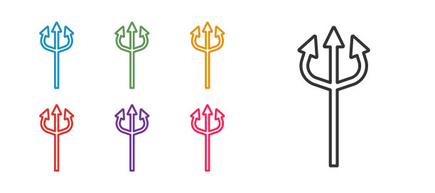 设置线三叉戟魔鬼图标孤立在白色背景上。快乐的万圣节派对。设置图标丰富多彩。向量图片下载